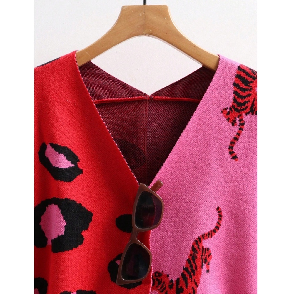 Red Pink Animal Print Button Down V-Neck Knit Cardigan - Picture 3 of 8